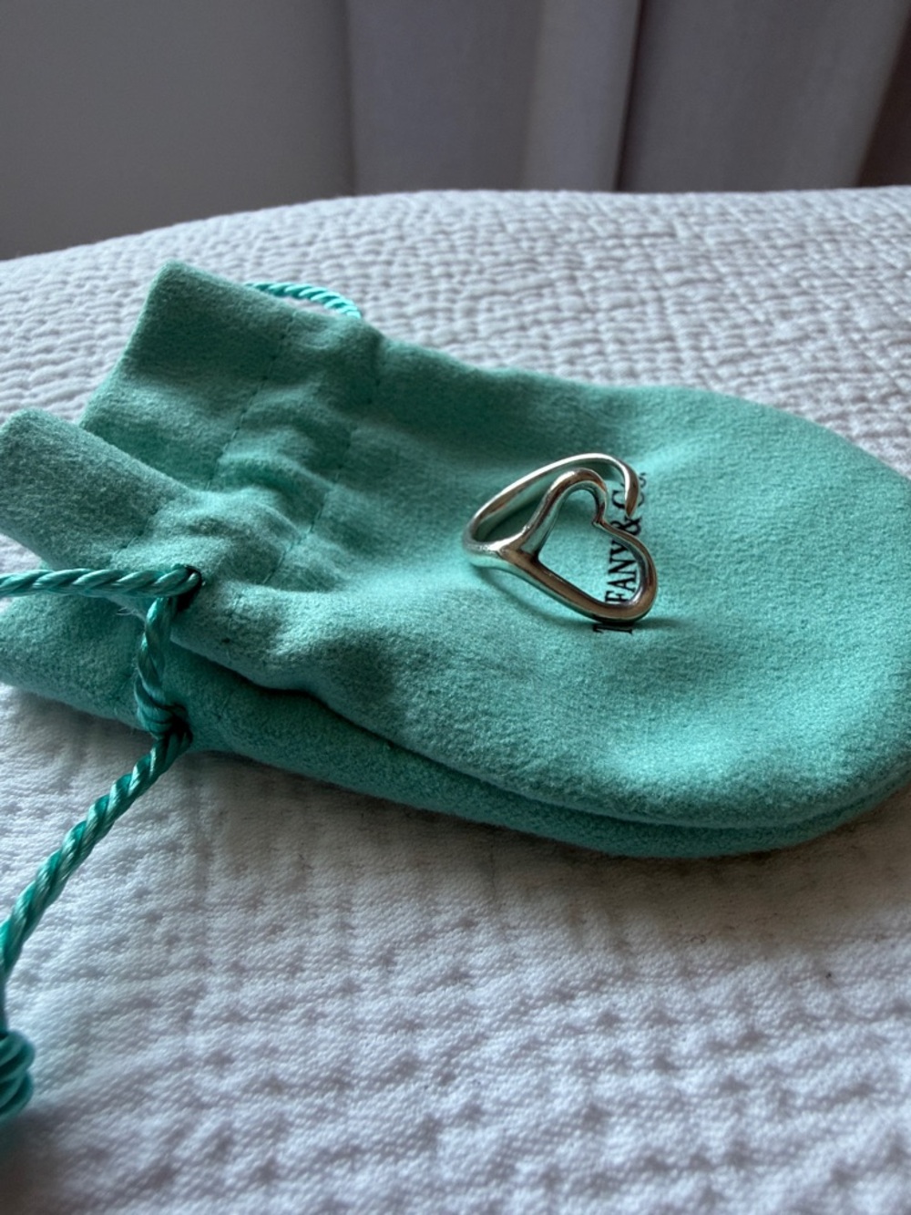 Tiffany & Co. Sterling Silver Open Heart Ring on Tiffany Blue Pouch